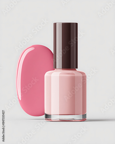 Nail Polish Bottle and Swatch on a Neutral Background Showcasing Bright Color