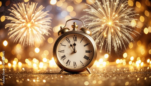 Vintage alarm clock stands alone amidst fireworks and golden bokeh lights on New Year's Eve celebration night