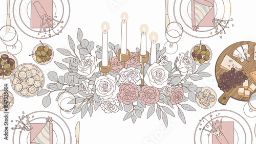 Illustration of a festive table setting with floral arrangement and dinnerware on a white background for Happy New Years celebration