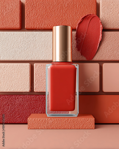 Bright Red Nail Polish Bottle Displayed on a Textured Background With Matching Color Swatches in Various Shades