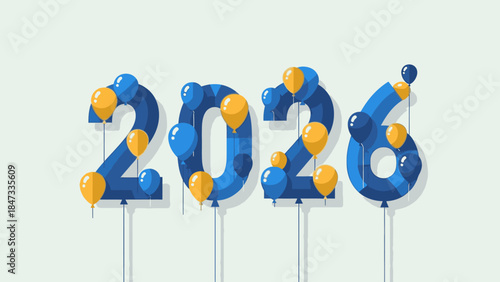 A festive arrangement of blue and yellow balloons forming the year 2026 on sticks against a light green background, conveying a Happy New Year celebration with a cheerful mood.