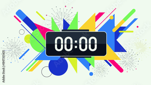 Vibrant graphic design celebrating Happy New Years with a digital countdown timer at 00:00, surrounded by colorful shapes and fireworks on a light background.
