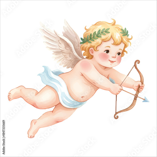 Cute Cupid Angel Diving Watercolor Vector Illustration Isolated on White Background
