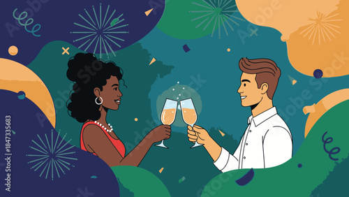 Illustration of a diverse couple toasting with champagne glasses on a vibrant, festive background with fireworks and confetti, celebrating Happy New Years.