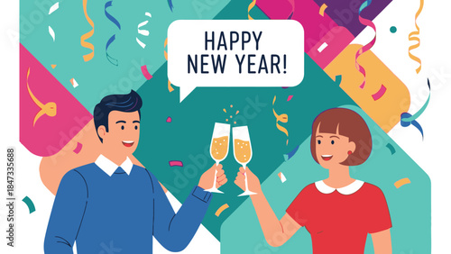 Cartoon illustration of a man and woman toasting with champagne glasses while celebrating Happy New Year with confetti and colorful decorations in the background.