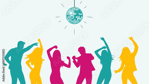 Colorful silhouettes of people dancing under a disco ball on a light background, celebrating Happy new years with a joyful and vibrant mood.