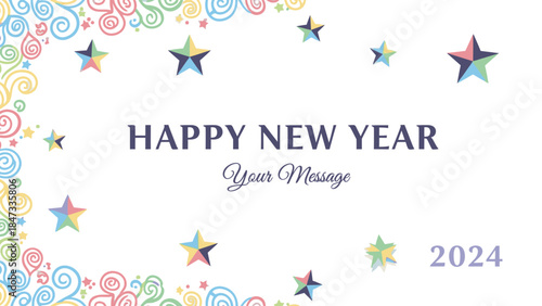 Colorful Happy New Year greeting card with swirling patterns and stars on a white background, conveying a joyful mood for 2024.