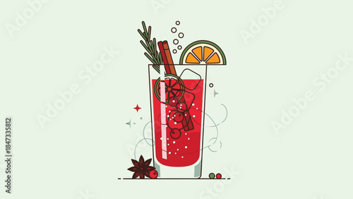 Illustration of a festive holiday cocktail with cranberries, orange slice, and spices on a light green background, symbolizing Happy New Years celebrations.