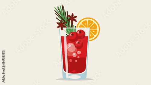 Illustration of a festive holiday cocktail with cranberries, orange slice, and evergreen sprig in a tall glass on a neutral background, conveying a happy new years mood.