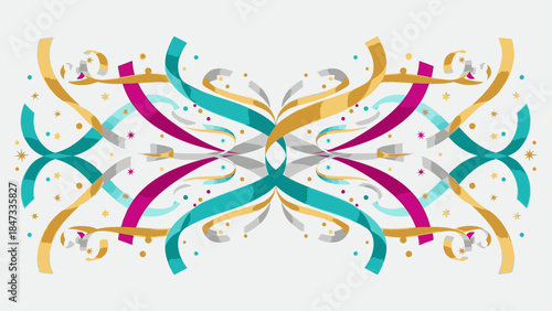 Vibrant colorful abstract design with swirling ribbons and confetti on a white background, conveying a festive happy new years mood with bright celebratory colors.