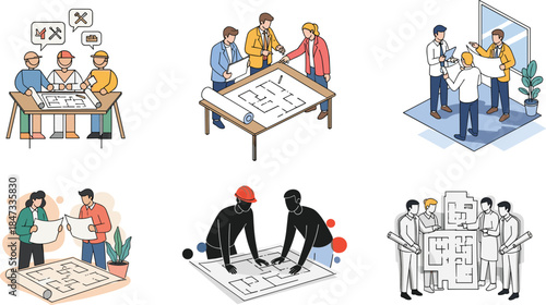 Architect team planning blueprints and floor plan design, construction engineers collaboration, project meeting and architecture concept, vector illustration set