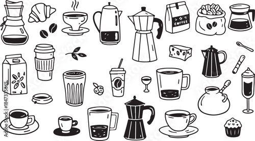 Doodle coffee. Hand drawn coffee shop elements, coffee maker, coffee grinder, coffee pot, take-away paper cups and mugs black and white line aer vector art and illustration 