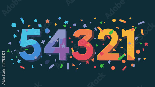 Colorful countdown numbers 5 to 1 with confetti and stars on a dark background, celebrating Happy New Years.