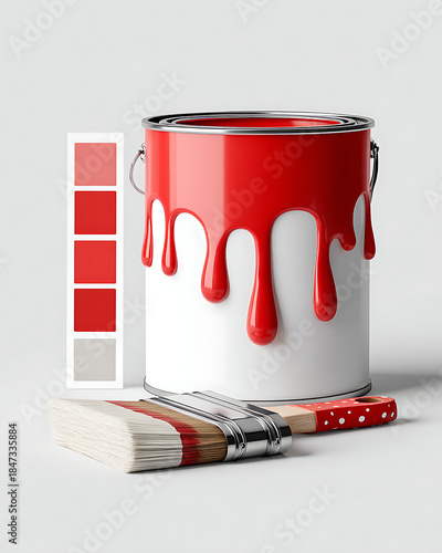 Can of Red Paint With Brush and Color Swatches on a Light Background Showing Preparation for a Painting Project
