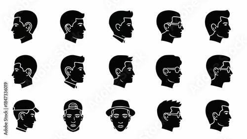 Collection of Diverse Male Head Silhouettes in Profile View.