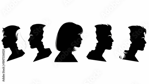 Diverse Group of People Silhouettes in Profile View.