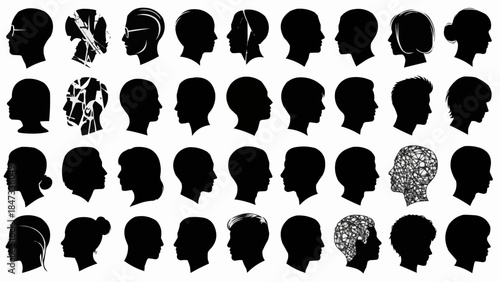 Collection of diverse human head silhouettes in profile view.