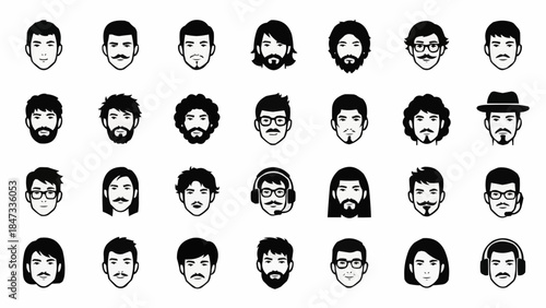 Collection of Diverse Male and Female Avatars with Various Hairstyles and Accessories.