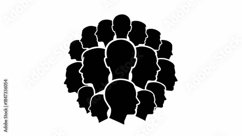 Silhouette Crowd Of People Faces In A Circle Formation.
