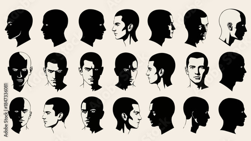 Collection of diverse human head profiles and faces in silhouette and shadow.