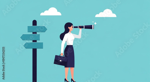 Businesswoman Using Telescope for Future Planning Near Directional Signpost in Minimalist Outdoor Setting Illustration