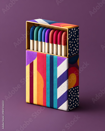 Decorative Matchbox With Colorful Matches Displayed on a Solid Background in a Simple Arrangement