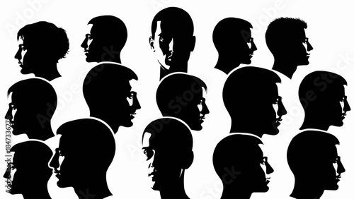Collection of Silhouetted Human Heads in Profile View.