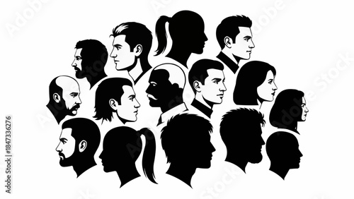 Diverse group of people silhouettes in profile view.