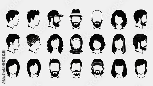 Collection of diverse human head silhouettes in various styles and accessories.