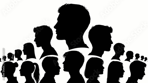 Diverse group of people silhouettes facing right in profile view.
