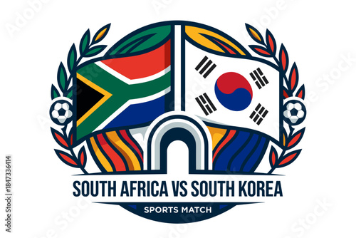 South africa vs south korea sports match emblem with flags and laurel wreath