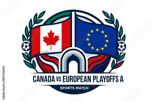 Canada vs european playoffs sports match logo emblem with flags and wreath