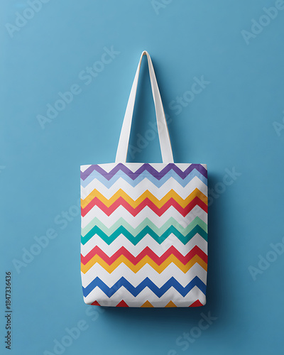 Colorful Zigzag Pattern Tote Bag Hanging on Blue Background in a Simple Display