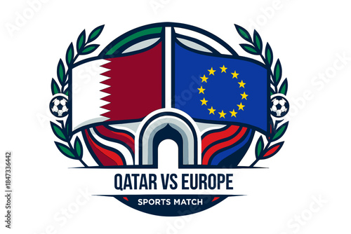 Qatar vs europe sports match emblem with flags and wreath