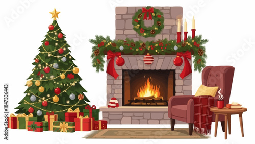 Cozy Christmas Living Room Scene with Decorated Tree and Fireplace.