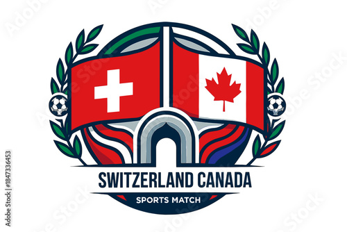 Switzerland vs canada sports match emblem with national flags and laurel wreath