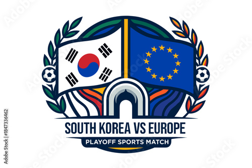 South korea vs europe playoff sports match logo emblem with flags and laurel wreath