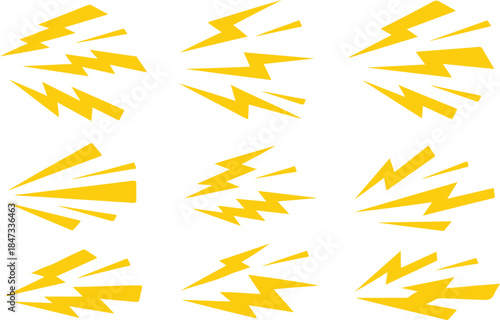 Thunderbolt shock cartoon icons. Yellow lightning burst, shouting, noise and loud sound symbols vector art and illustration 
