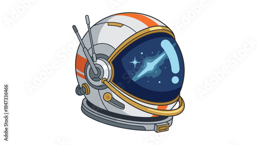 Futuristic astronaut helmet with glowing visor showing stars and galaxy, space exploration headgear icon