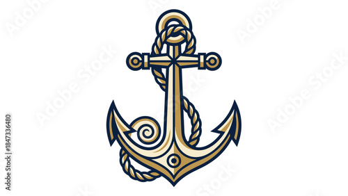 Golden nautical anchor with rope illustration