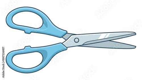 Cartoon illustration of a pair of light blue handled scissors, open slightly