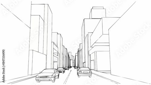 Sketch of cars driving down a city street with tall buildings.