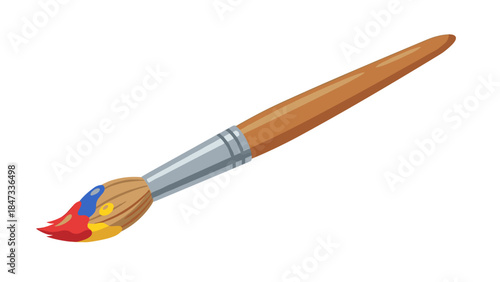 Realistic illustration of a wooden paintbrush with colorful paint on the tip