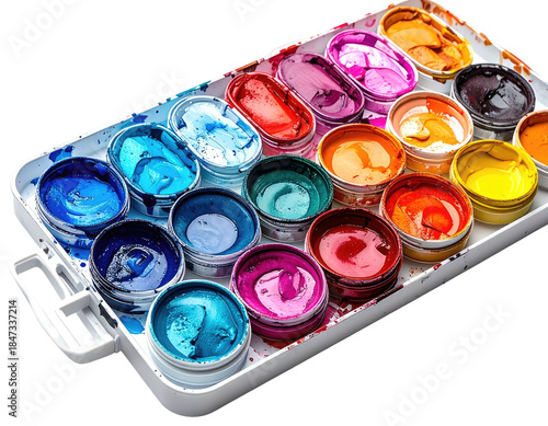 A close-up of a paint palette with vibrant, open paint pots