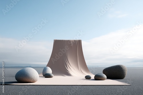 Abstract composition with stones and flowing fabric against sky.