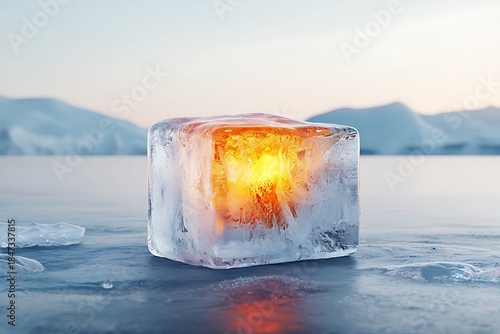 Glowing Ice Block on Calm Water Surface with Mountain Background at Sunset