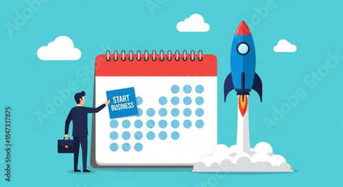 Businessman Planning Startup Launch with Calendar and Rocket Illustration Concept for Growth and Success