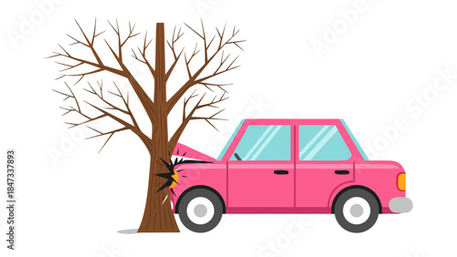Pink Car Crashed Into Tree - Flat Vector Illustration