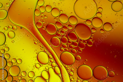 Close up of oil drops on water surface. Colorful abstract macro background of oil drops on water surface with air bubbles inside. Colorful background for gadget and computer wallpaper