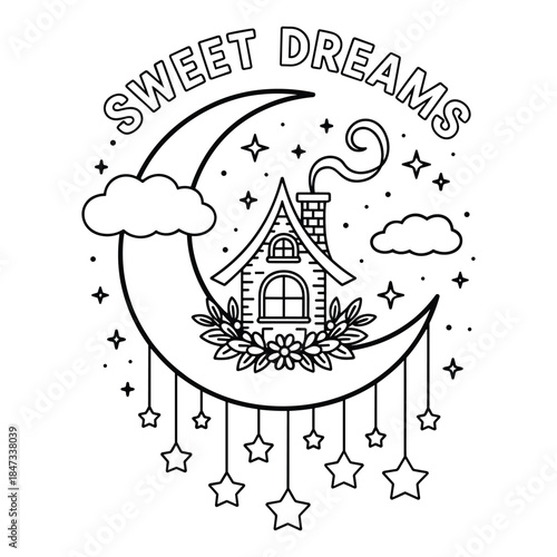 Sweet Dreams House on Moon with Stars and Clouds home night